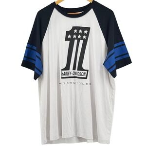 Harley-Davidson Mens XL Raglan Graphic T-Shirt White Blue Number 1 Logo Jersey